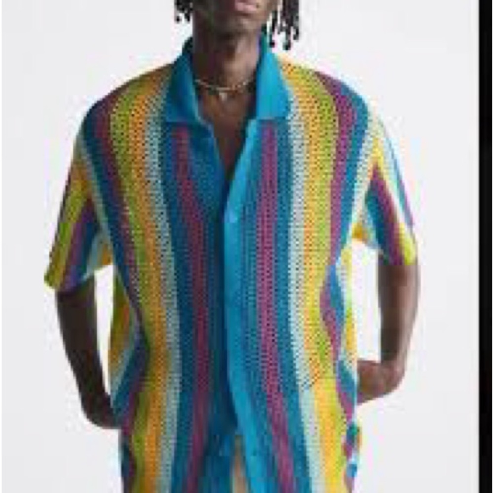 NWT Zara Men's Multicolor Striped Crochet Knit Short Sleeve Shirt Sz L